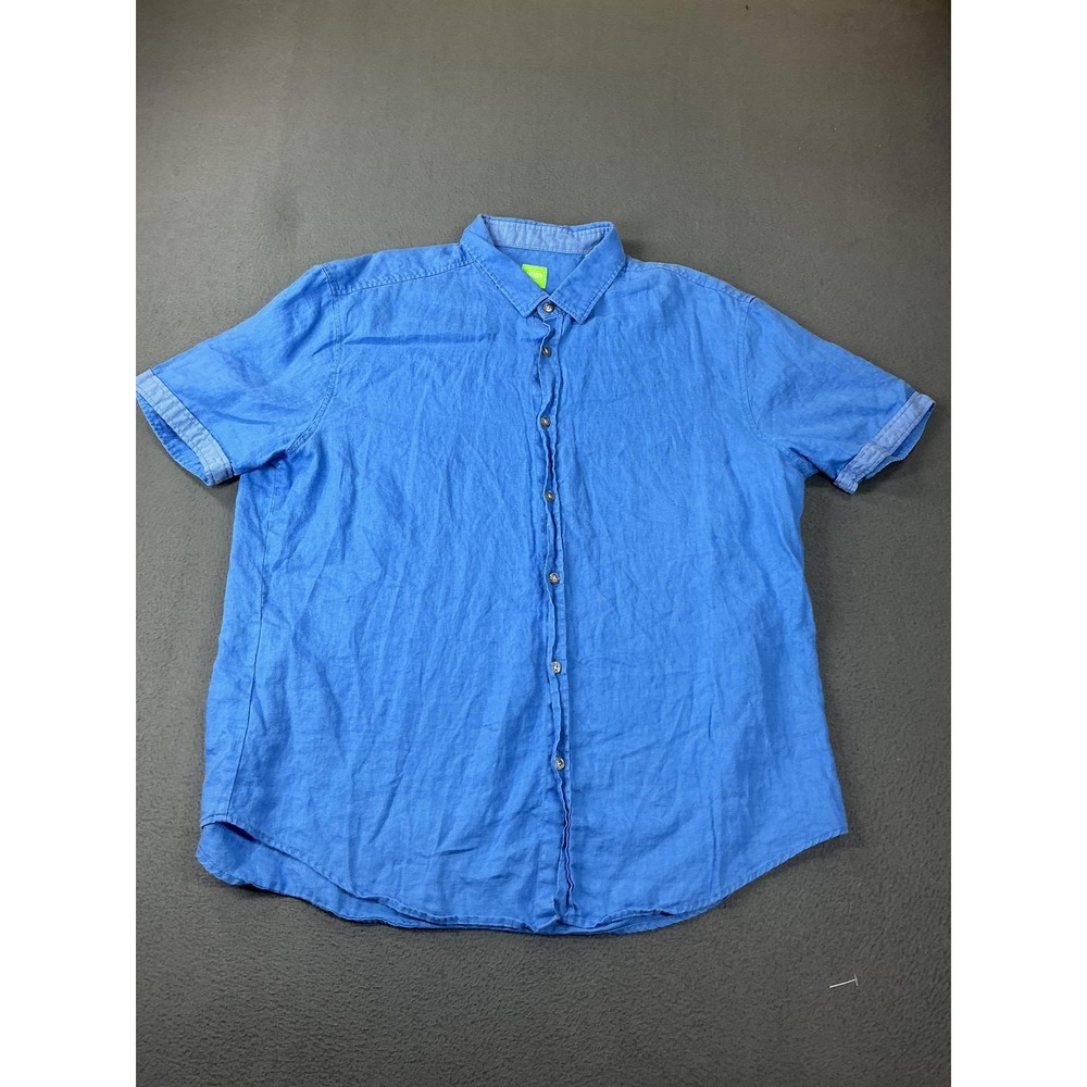 BOSS Hugo Boss Shirt Mens 2XL Blue Linen Short Sleeve Button Up Breathable